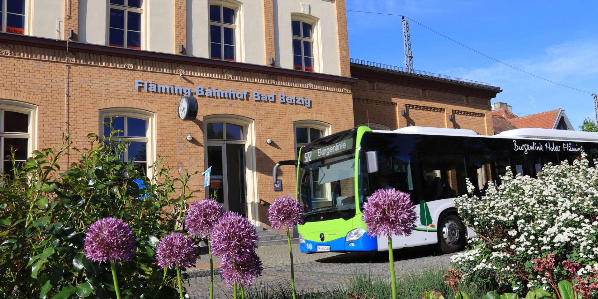 Blick durch lila blühenden Zierlauch auf den Burgenbus, der vor dem gelben Klinkergebäude des Fläming-Bahnhofs steht