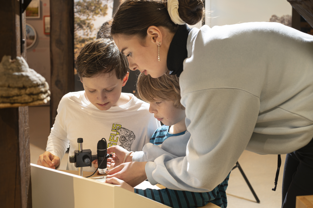 Eine Frau hilft zwei Kindern beim Mikroskopieren