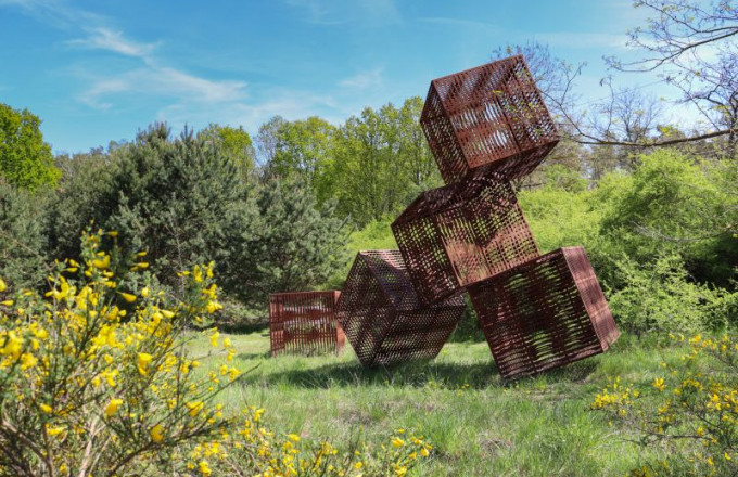 Kunstwerk mit fünf rostroten, großen Kuben, im Vordergrund blüht gelber Ginster