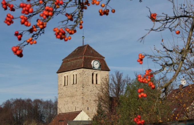 Blick auf einen massiven Feldsteinkirchturm umrahmt von Zweigen mit roten Früchten