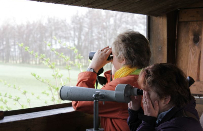 Zwei Frauen beobachten aus einer Schutzhütte durch Fernglas und Spektiv
