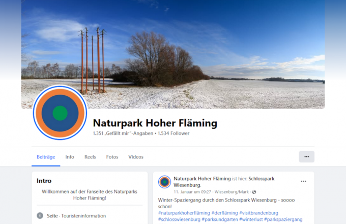 Startbild von Facebook mit Winterfoto und Naturpark-Logo.