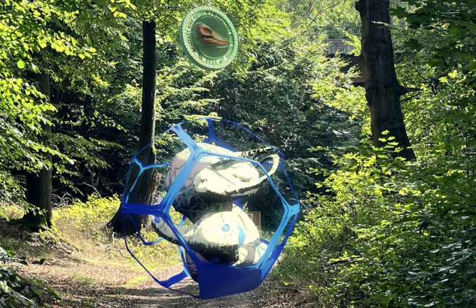 Ein blau-weiß gemustertes Objekt schwebt über einem Waldweg