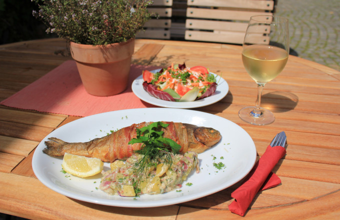 Forelle im Speckmantel auf weißem Teller