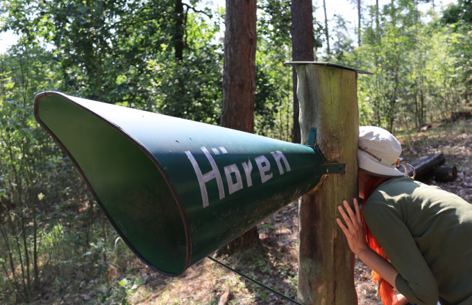 Mit dem Hörrohr in den Wald hören, Foto: Bansen/Wittig