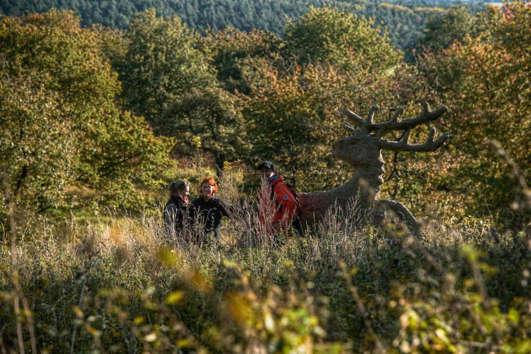 Wanderer am Kunstwerk "Die Jagd", Foto: Jürgen Rocholl/FACE, Lizenz: Naturparkverein Hoher Fläming e.V.