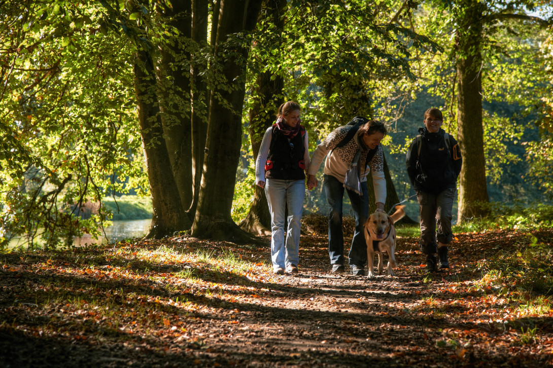 Wanderer im Waldteil des Schlossparks Wiesenburg, Foto: Jürgen Rocholl/FACE, Lizenz: Naturparkverein Hoher Fläming e.V.