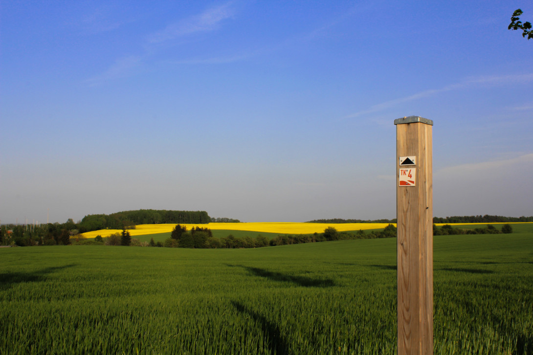 Wander-Zwischenwegweiser mit Landschaftsblick, Foto: Bansen-Wittig
